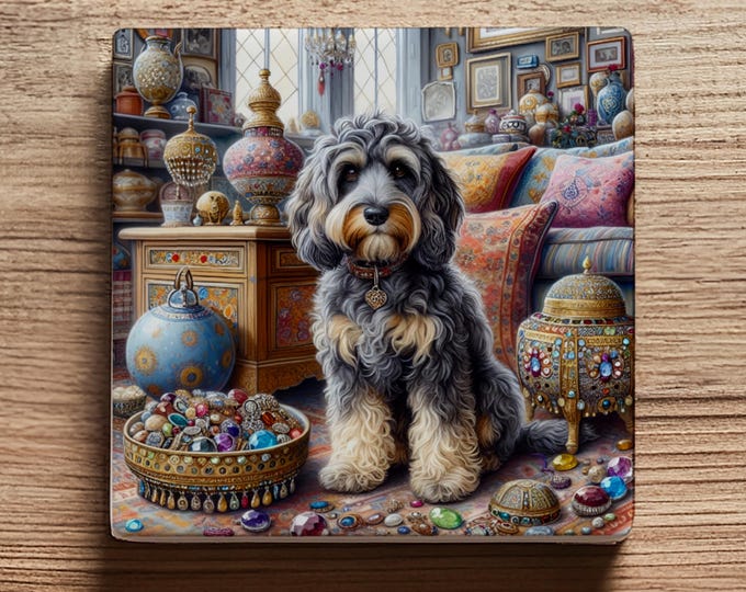Luxury Grey and Tan Cockapoo Ceramic Coaster – Victorian Jewel Design, Glossy Finish with Cork Back – Elegant Gift for Dog Lovers