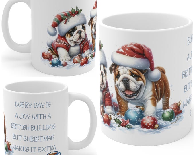 11oz Ceramic British Bulldog Christmas Mug, British Bulldog Mug, British Bulldog Gift For British Bulldog Mum, Dad, Owner, Work Colleague