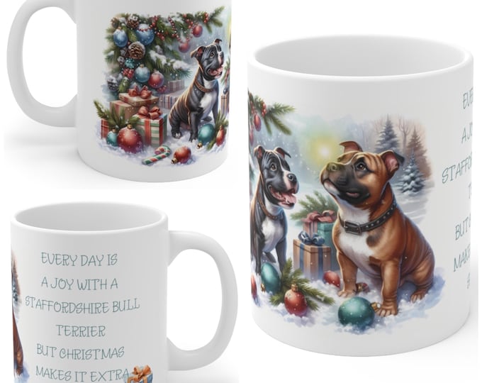 11oz Ceramic Staffordshire Bull Terrier Christmas Mug, Staffordshire Bull Terrier Mug, Staffie Gift For Staffy , Mum, Dad, Owner