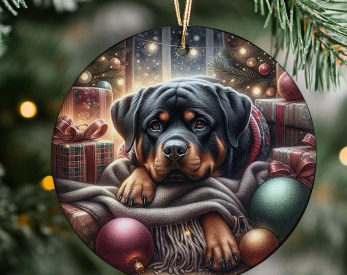 Rottweiler Christmas Tree Ornament, Ceramic With Design On Both Sides, Gift Bag