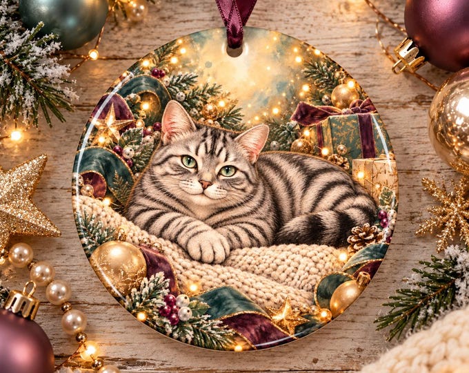 Silver Tabby Cat Christmas Ornament | Round Ceramic Cat Lover Gift