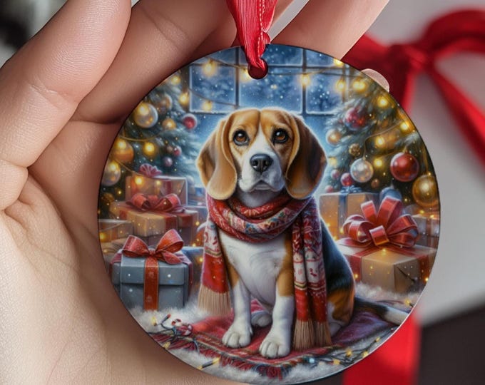 Beagle Christmas Tree Ornament, Ceramic, Double-Sided Print and Gift Bag