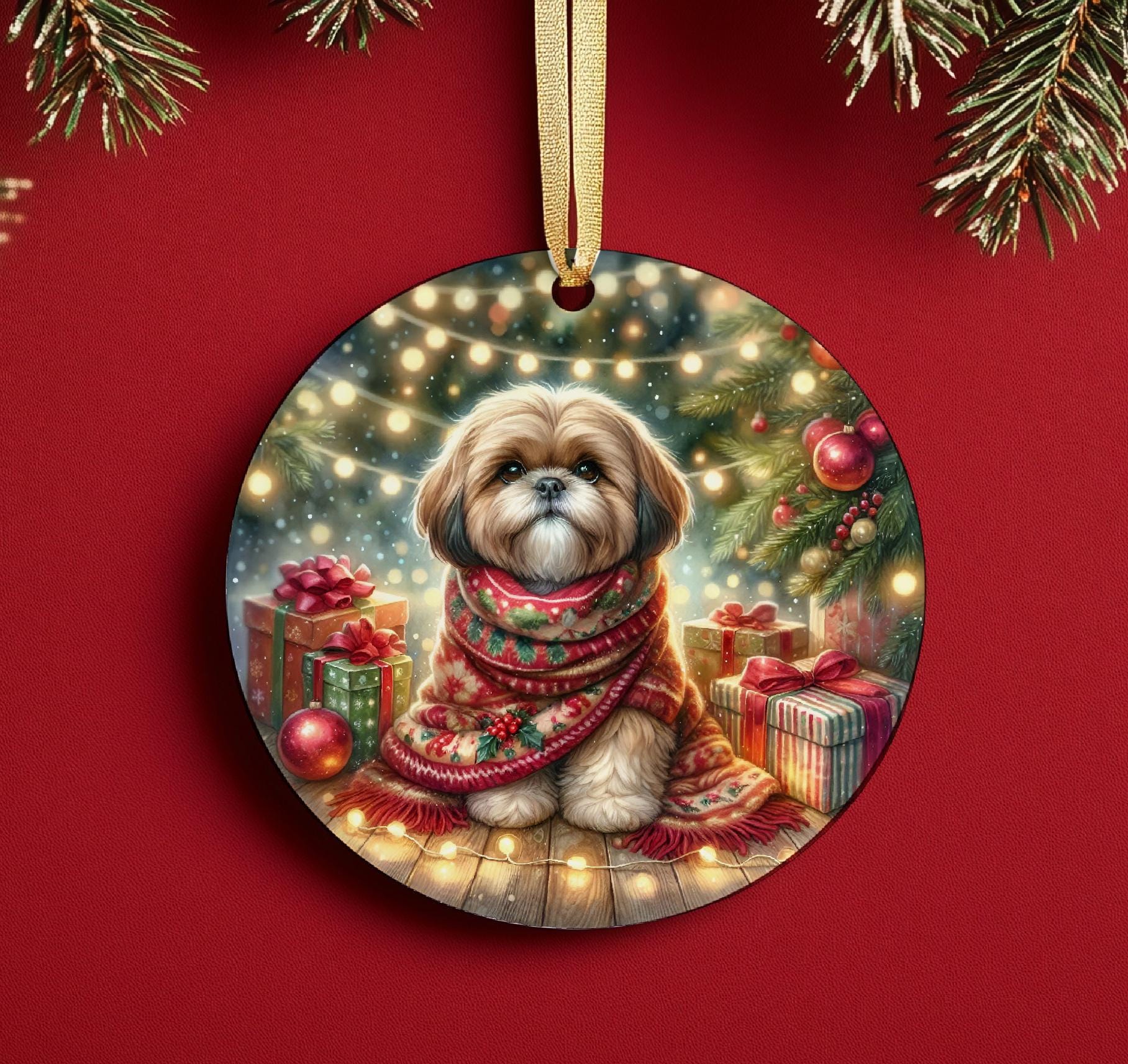シーズーのクリスマスツリーオーナメント、セラミック製、両面プリント