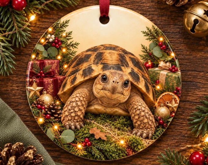 Tortoise Christmas Tree Ornament, Ceramic, Double-Sided Print & Gift Bag