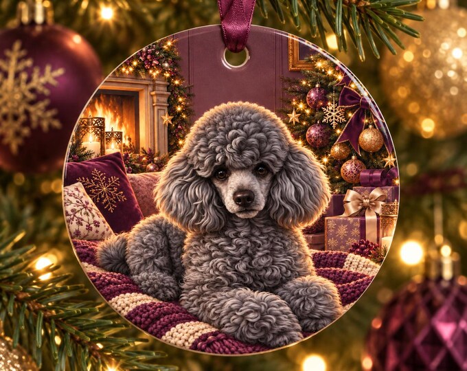 Grey Poodle Christmas Ornament, Ceramic Dog Keepsake, Festive Tree Decoration
