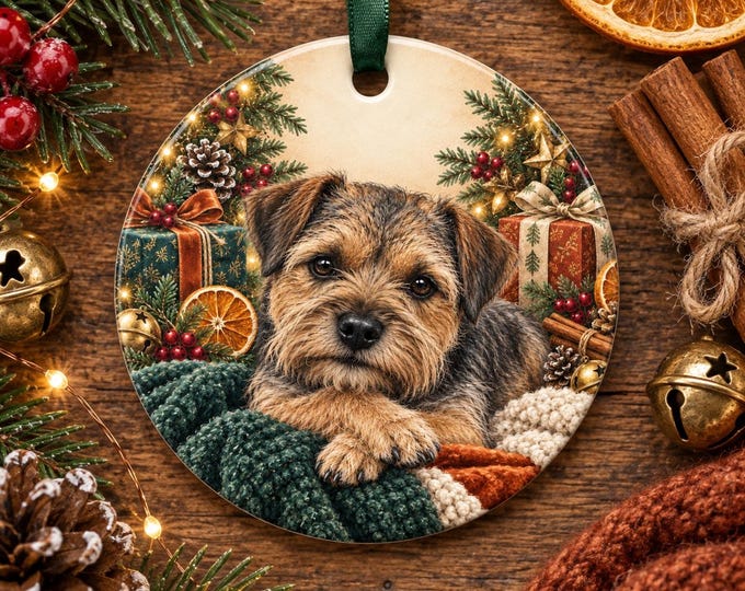 Border Terrier Dog Christmas Tree Ornament, Ceramic, Double-Sided Print & Gift Bag