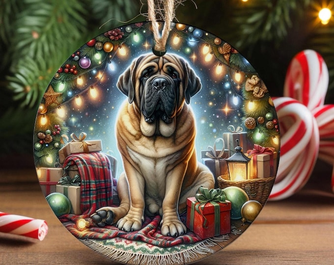Mastiff Christmas Tree Ornament, Ceramic, Double-Sided Printed & Gift Bag