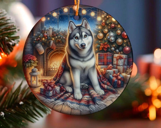 Husky Christmas Tree Ornament, Ceramic, Double-Sided Printed & Gift Bag