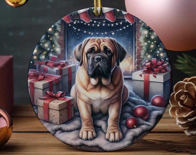 Mastiff Christmas Tree Ornament, Ceramic, Double-Sided Printed & Gift Bag