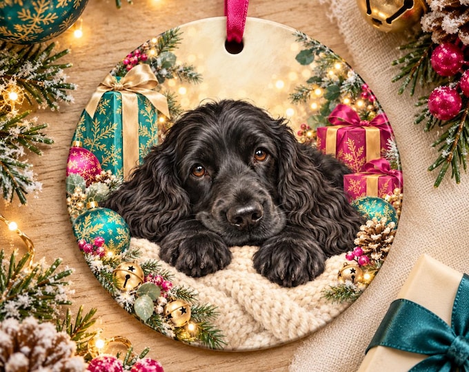 Black Cocker Spaniel Christmas Tree Ornament, Ceramic, Double-Sided Print & Gift Bag