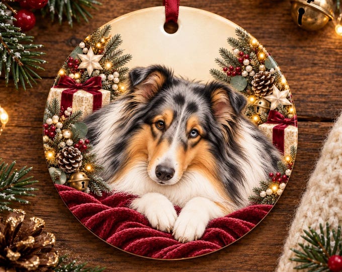 Rough Collie Christmas Tree Ornament, Ceramic, Double-Sided Print & Gift Bag