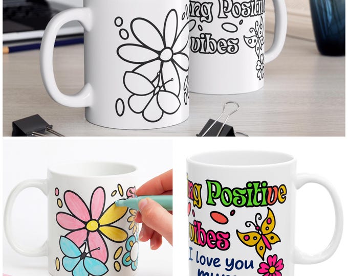 Colour Your Own Mug – “Sending Positive Vibes”  Ceramic Pen Craft Mug | Personalised Gift Idea | Creative Christmas Present for Loved Ones