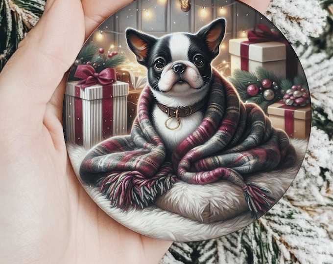 Boston Terrier Ceramic Christmas Tree Ornament, Printed On Both Sides, Gift Bag