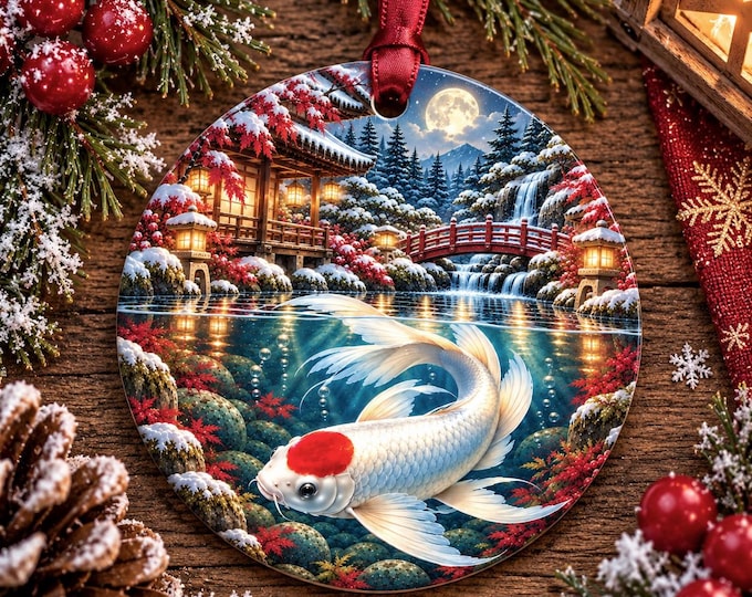 White and Red  Koi Fish Christmas Ornament | Japanese Garden Ceramic Decoration
