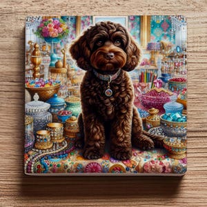 May include: A square ceramic coaster featuring a brown dog with curly fur, wearing a decorative collar. The dog sits in front of a colorful display of ornate jars, bowls, and decorative items. The background is a detailed, artistic rendering.