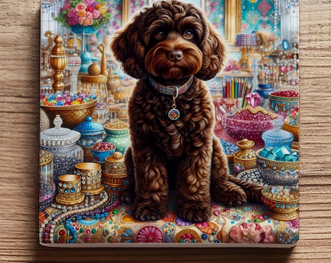Luxury Chocolate Cockapoo Ceramic Coaster – Victorian Jewel Design, Glossy Finish with Cork Back – Elegant Gift for Dog Lovers