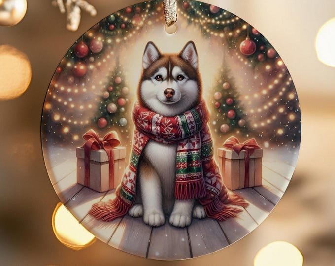 Husky Christmas Tree Ornament, Ceramic, Double-Sided Printed & Gift Bag