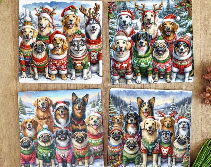 Christmas Dog Coaster Set of 4 – Festive Dogs in Jumpers Design