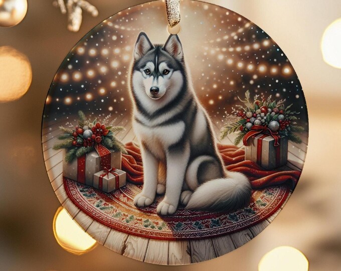 Husky Christmas Tree Ornament, Ceramic, Double-Sided Printed & Gift Bag