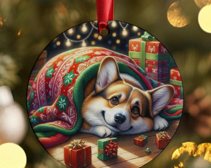 Corgi Christmas Tree Ornament, Ceramic, Double-Sided Print and Gift Bag