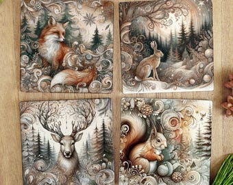 Woodland Christmas Animal Coaster Set of 4 - Ceramic Coasters with Cork Backing