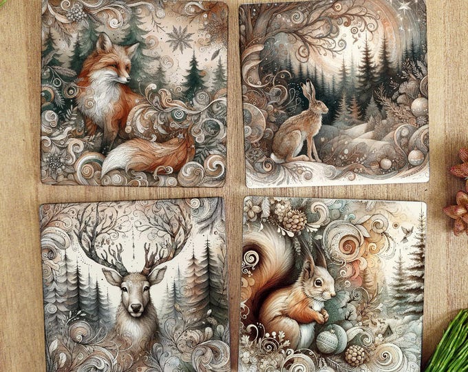 Woodland Christmas Animal Coaster Set of 4 - Ceramic Coasters with Cork Backing