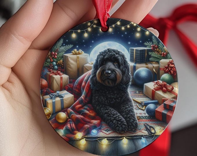 Black Labradoodle Christmas Tree Ornament, Ceramic Double Sided Print & Gift Bag