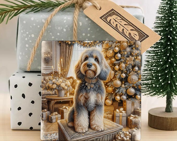Grey & Tan Cockapoo Christmas Coaster,  Secret Santa Gift, Pre Christmas Gift
