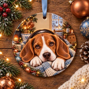 Könnte beinhalten: Ein runder Weihnachtsanhänger aus Keramik mit einem braun-weißen Beagle-Welpen, der auf einer blau-weiß karierten Decke liegt. Der Hintergrund zeigt eine gemütliche Szene mit einem Kamin, einem Fenster und weihnachtlicher Dekoration.