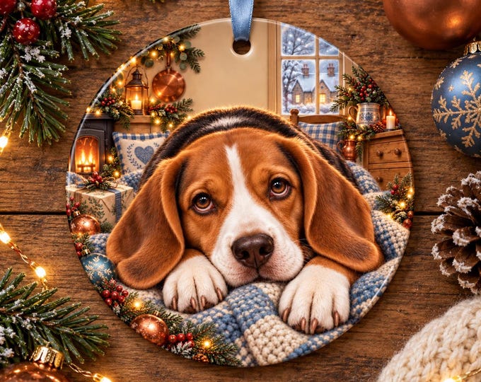 Beagle Christmas Tree Ornament, Ceramic, Double-Sided Print and Gift Bag