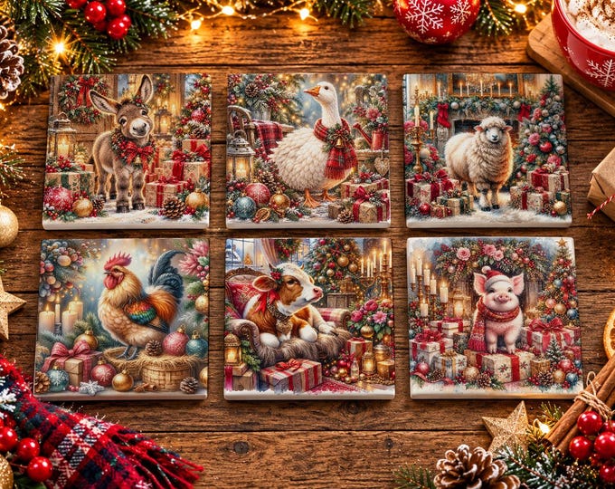 Christmas Animal Friends – Complete Set of Six Ceramic Coasters