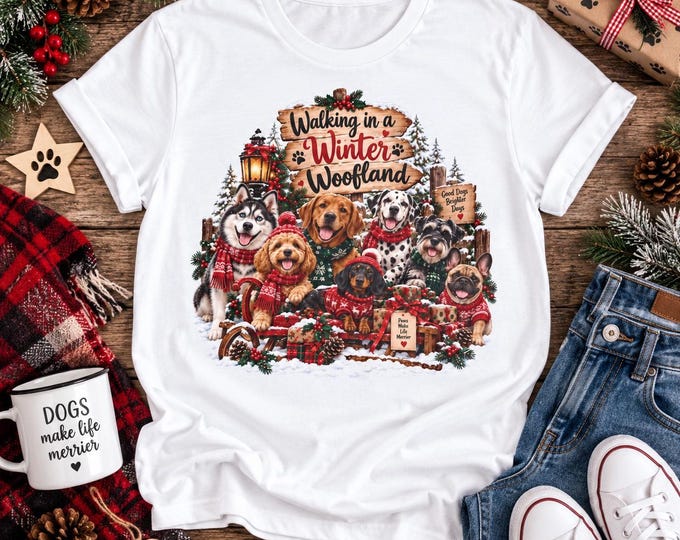 Walking in a Winter Woofland T-Shirt, Christmas Dog Lover Tee, Festive Dogs