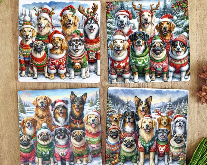 Christmas Dog Coaster Set of 4 – Festive Dogs in Jumpers Design – Glossy Ceramic with Cork Backing, Perfect Gift for Dog Lovers