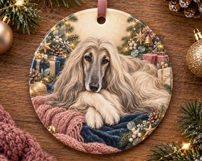 Afghan Hound Christmas Tree Ornament, Ceramic, Double-Sided Print & Gift Bag