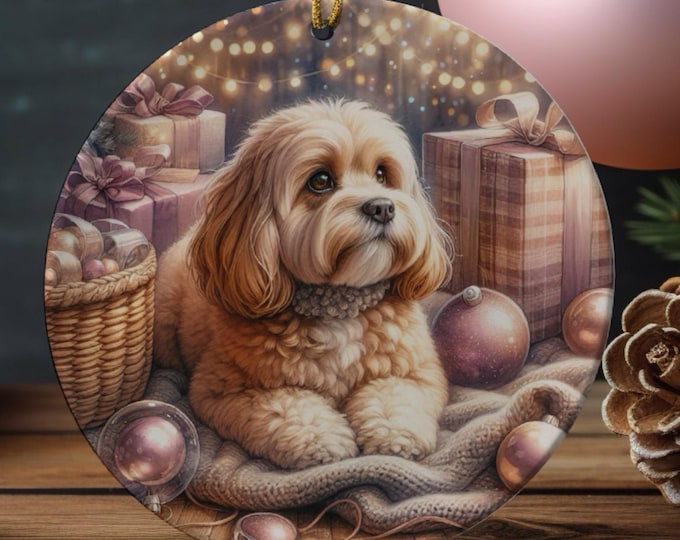 Apricot Cavapoo Christmas Tree Ornament, Ceramic Design on Both Sides & Gift Bag