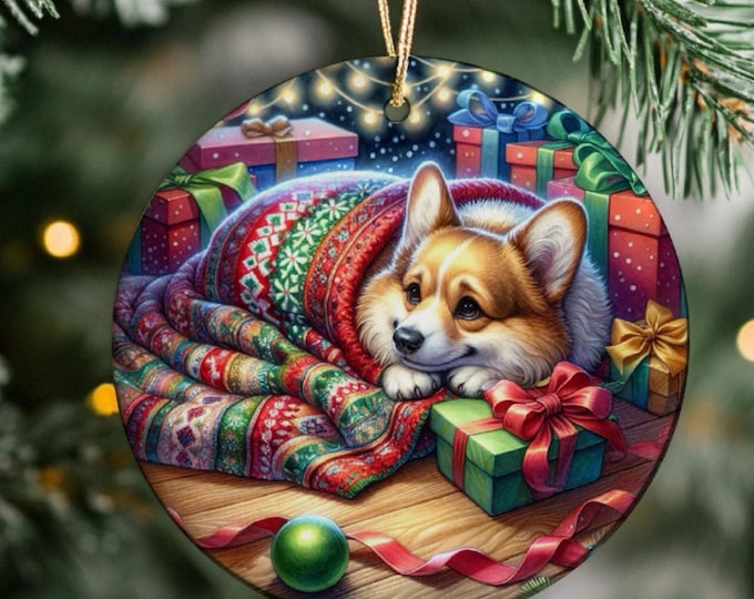 Corgi Christmas Tree Ornament, Ceramic, Double-Sided Print and Gift Bag