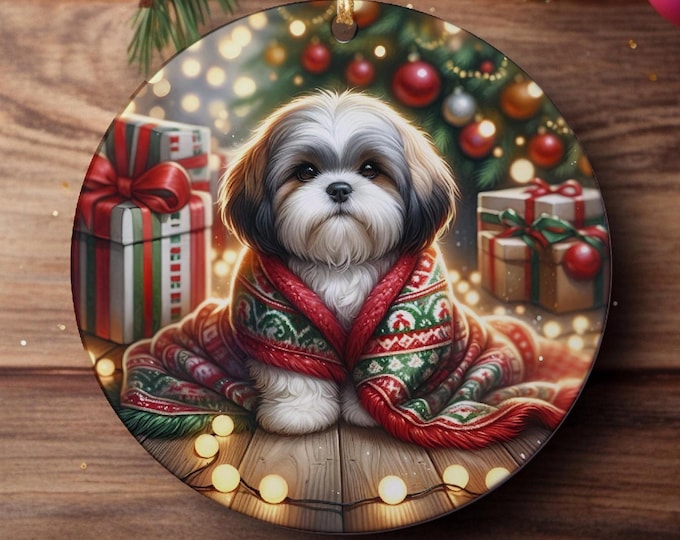 Shih Tzu Christmas Tree Ornament, Ceramic, Double-Sided Printed & Gift Bag