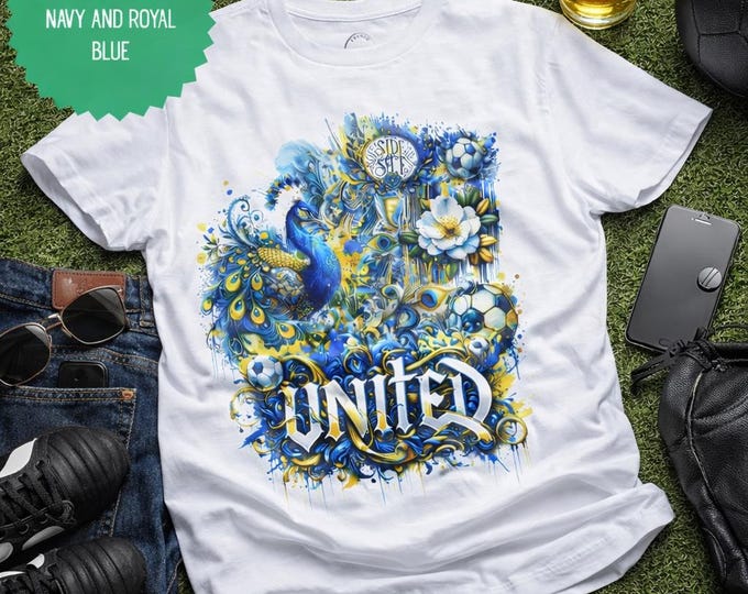 Heavy Cotton Leeds United Fan T-Shirt | Peacock Football Tee | Marching On Together Gift | Royal Blue, Navy & White | Sizes Small to 5XL