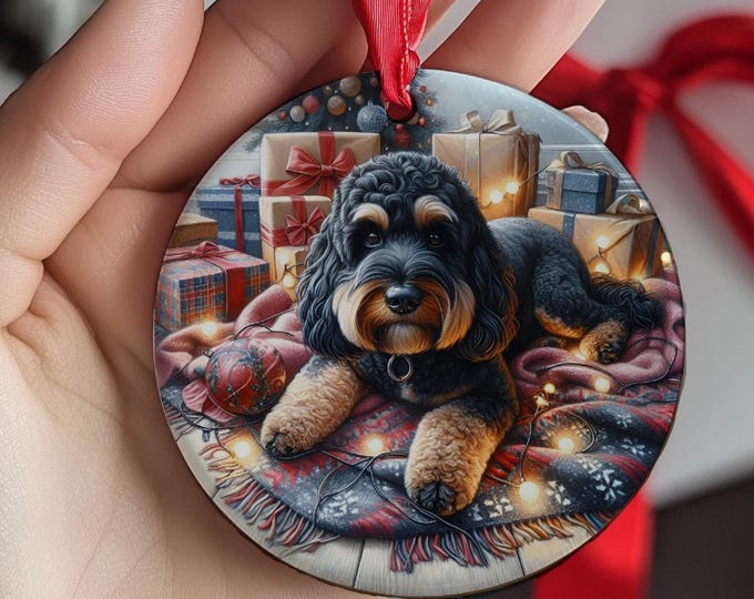 Black and Tan Cockapoo Christmas Tree Ornament, Ceramic, Double-Sided Printed