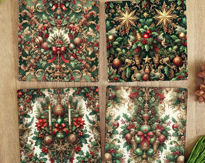 Elegant Vintage Christmas Coaster Set of 4 – Glossy Ceramic with Cork Backing