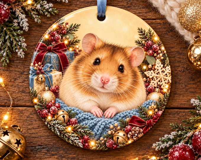 Cute Little Hamster Christmas Tree Ornament, Ceramic, Double-Sided Print & Gift Bag