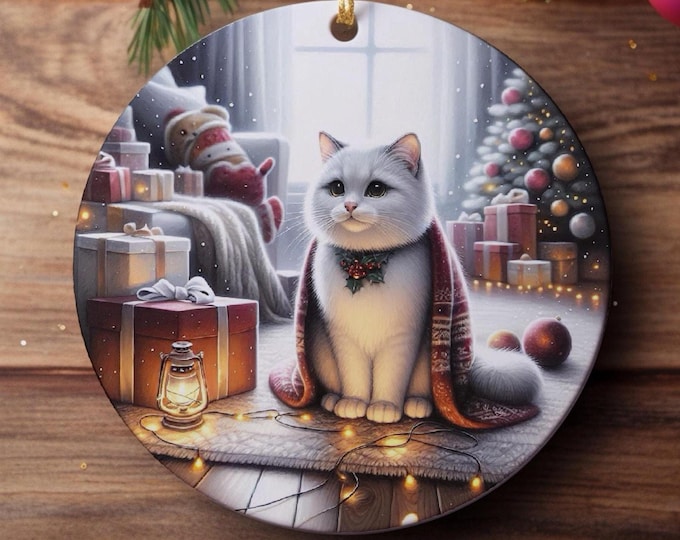 White Cat Christmas Ornament, Ceramic Double-Sided Print Decoration & Gift Bag
