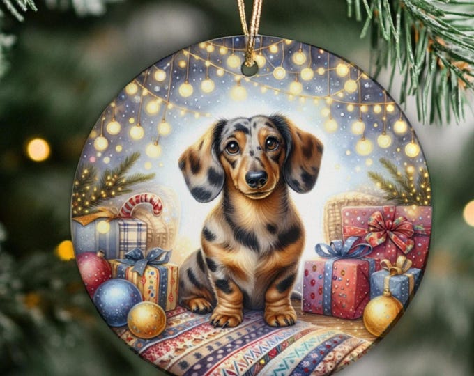 Dachshund Ceramic Christmas Tree Ornament, Design on Both Sides & Gift Bag