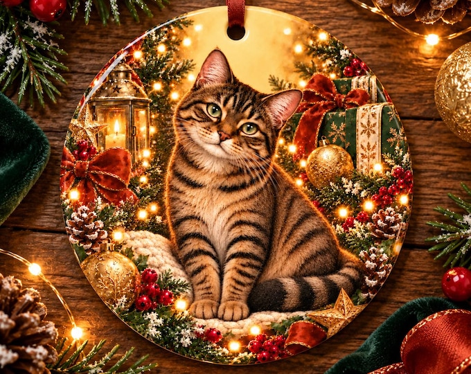 Tabby Cat Christmas Ornament | Round Ceramic Cat Lover Gift