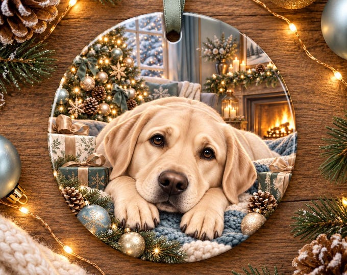 Golden Labrador Christmas Ornament, Ceramic Dog Bauble, Festive Tree Decoration