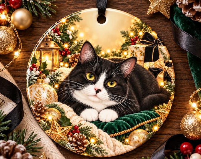 Black and white Cat Christmas Ornament | Round Ceramic Cat Lover Gift