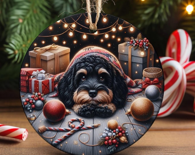 Black and Tan Cockapoo Christmas Tree Ornament, Ceramic Double-Sided Printed