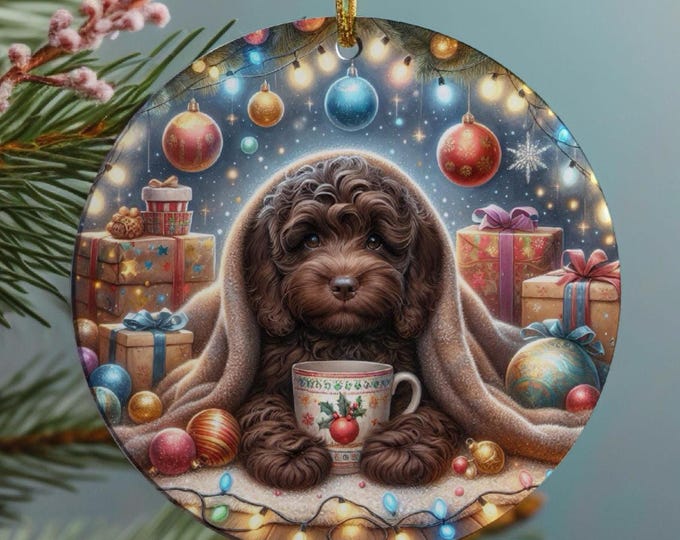 Chocolate Cockapoo Christmas Tree Ornament, Ceramic Double-Sided Print, Gift Bag