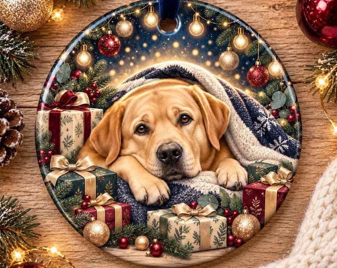 Golden Labrador Christmas Ornament, Ceramic Dog Bauble, Festive Tree Decoration