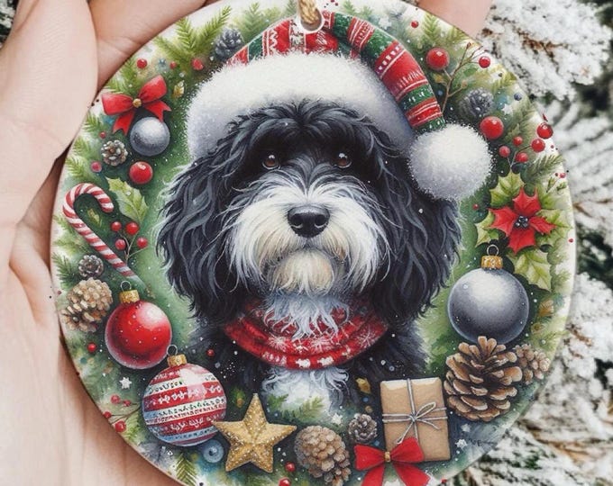Black and White Cockapoo Christmas Tree Ornament, Ceramic, Double-Sided Printed